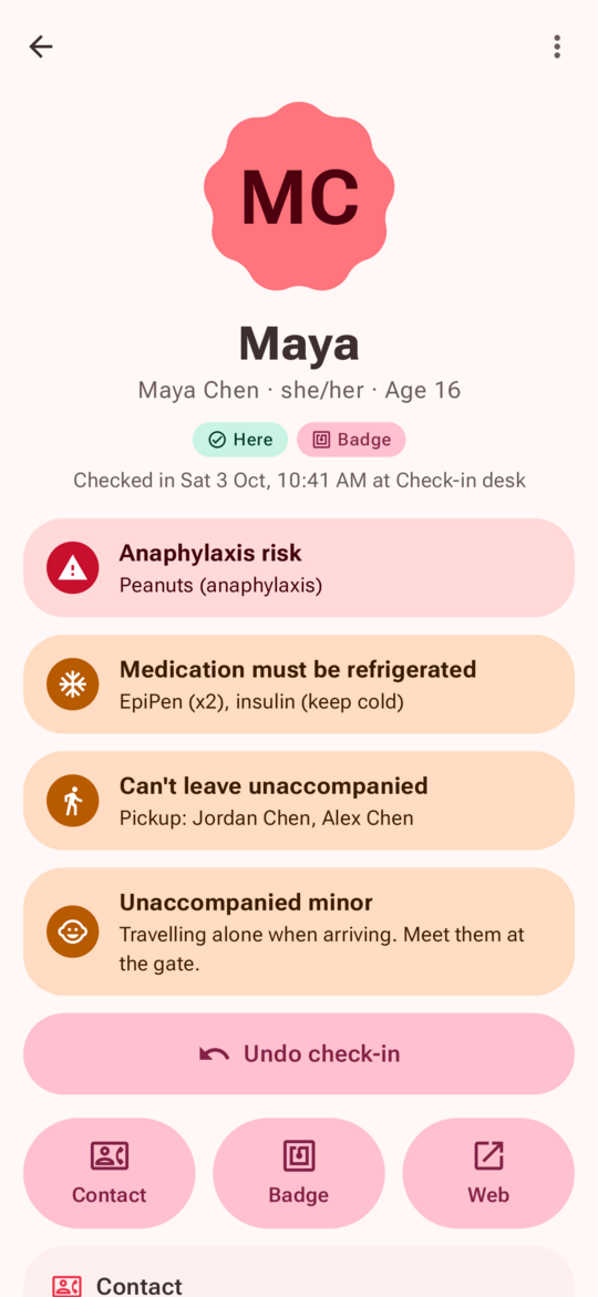 Maya's profile with her safety alerts first