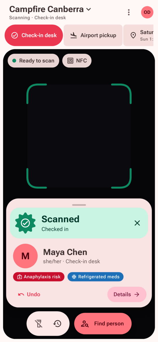 Scanner with Maya Chen checked in at the check-in desk