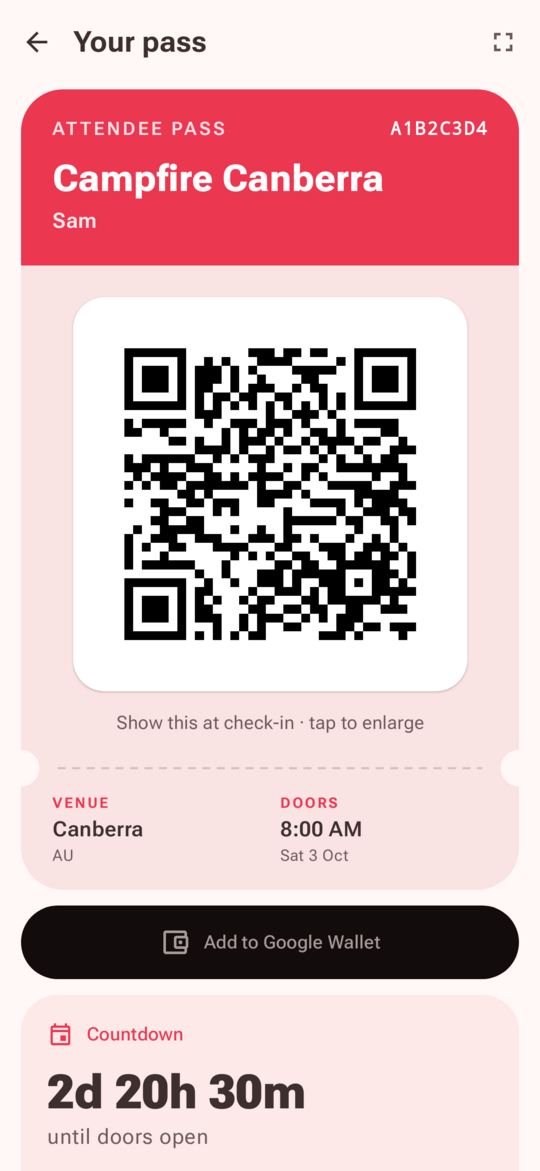 Attendee pass for Campfire Canberra with a QR code