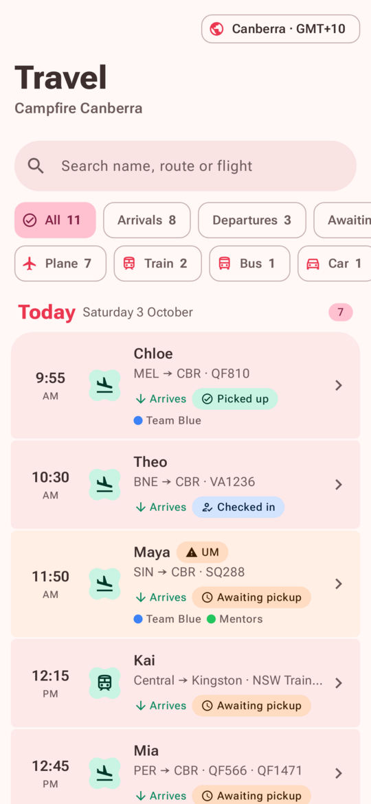 Flights and trains arriving in Canberra, with pickup status